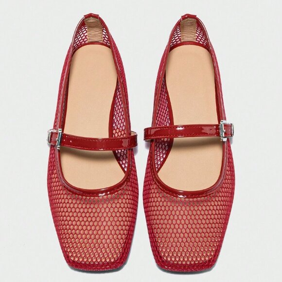 Red Fashionable Women's Ballet Flats Spring Square Toe Flat Shoes - Picture 2 of 7